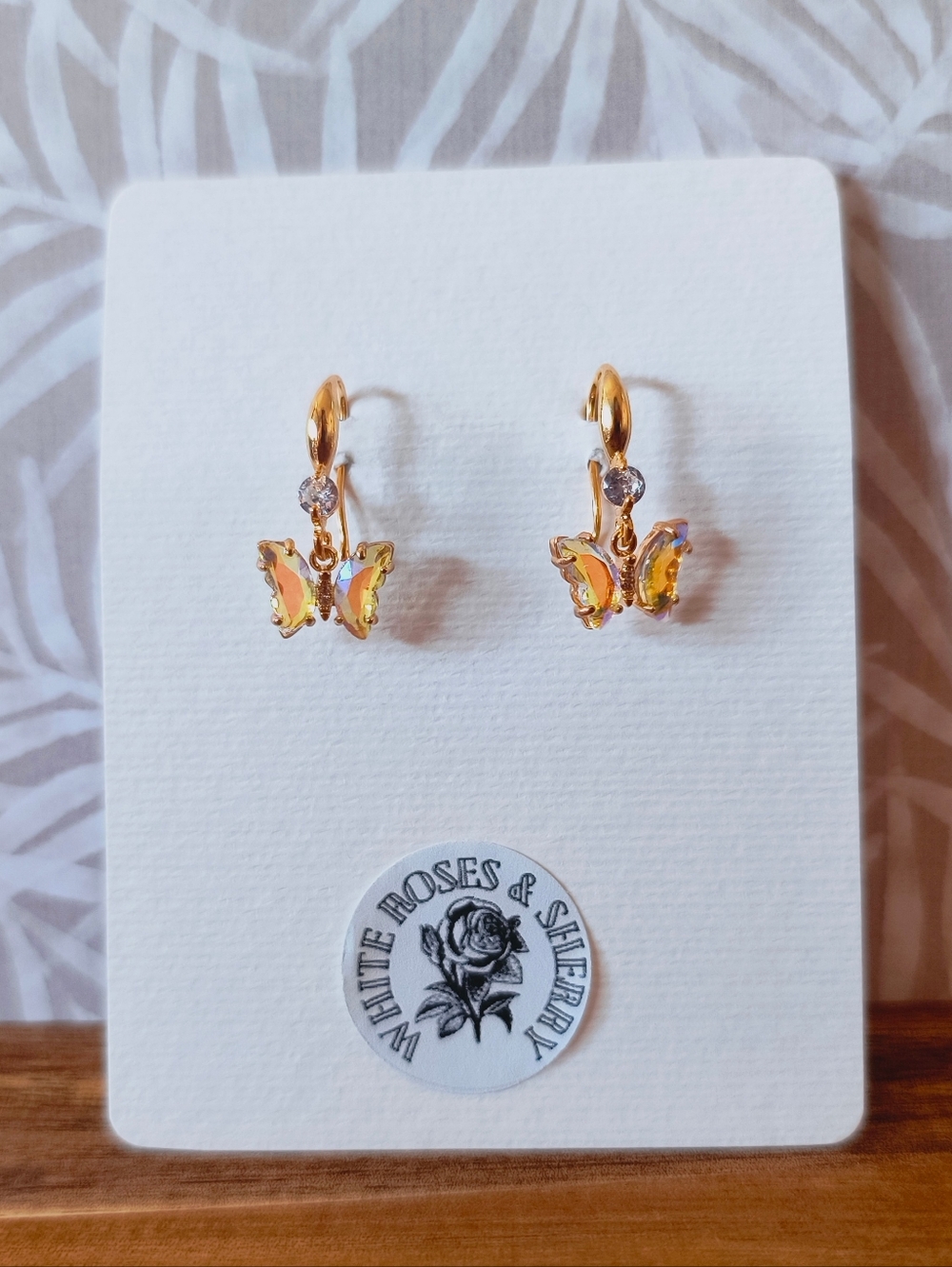 White Roses & Sherry OOAK 18k Gold Iridescent Butterfly CZ Earrings